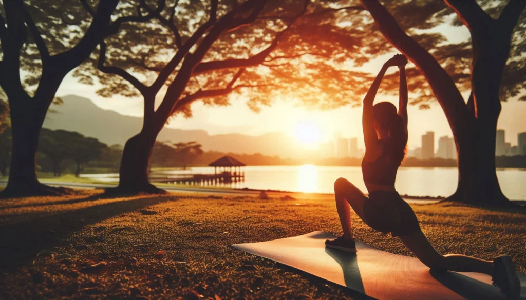 Silhouette of a woman practicing yoga on a mat with arms raised, framed by trees at sunset near a lake.