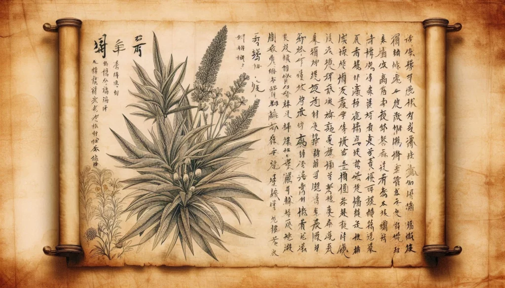Intricate scroll featuring a detailed drawing of medicinal herbs with traditional Chinese text.