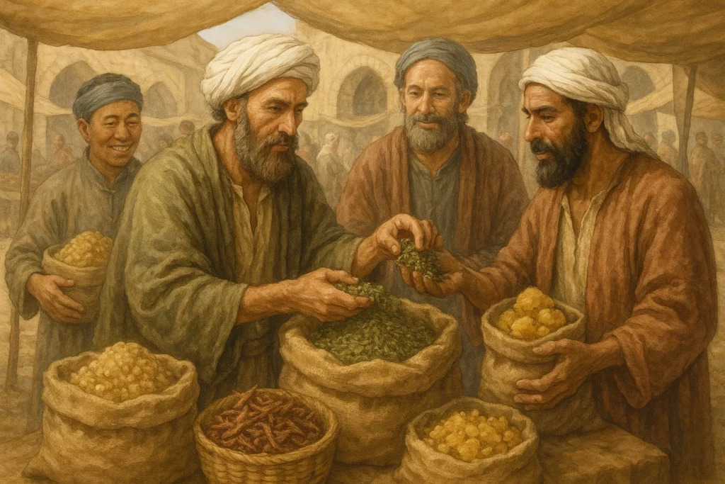 Merchants in traditional robes trading spices and goods at a busy market stall under a canopy.