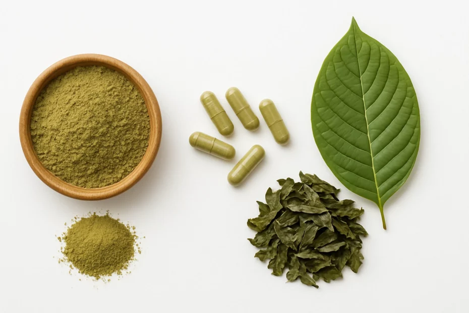 Bowl of kratom powder, scattered capsules, dried leaves, and a large fresh kratom leaf on a white surface, highlighting kratom's dual nature.