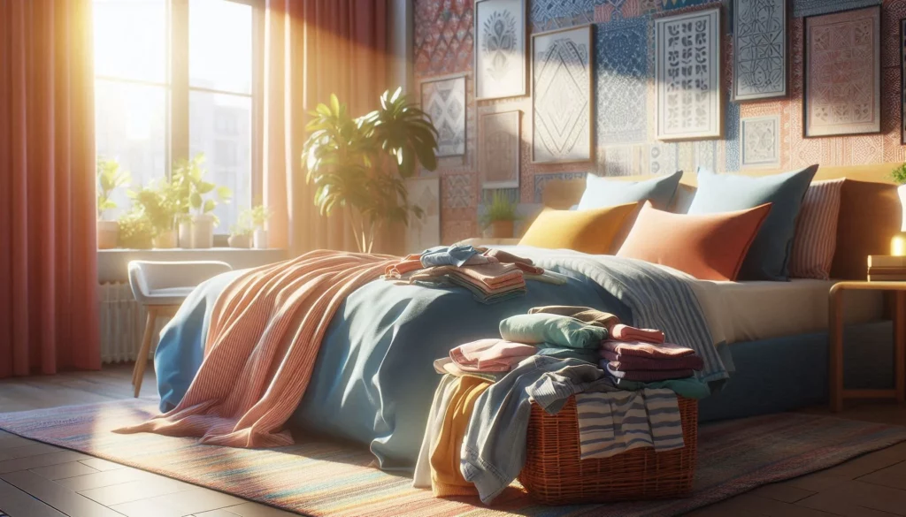 Bright bedroom with colourful decor, plants near a large window, and a bed covered with semi-folded clothes