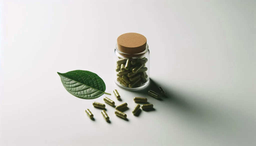 Green kratom capsules scattered around a glass bottle with a cork lid, accompanied by a fresh green leaf