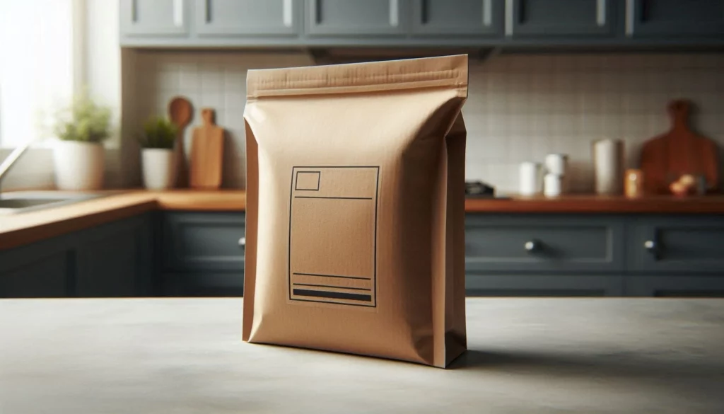 Brown paper package with a minimalist label placed on a kitchen counter