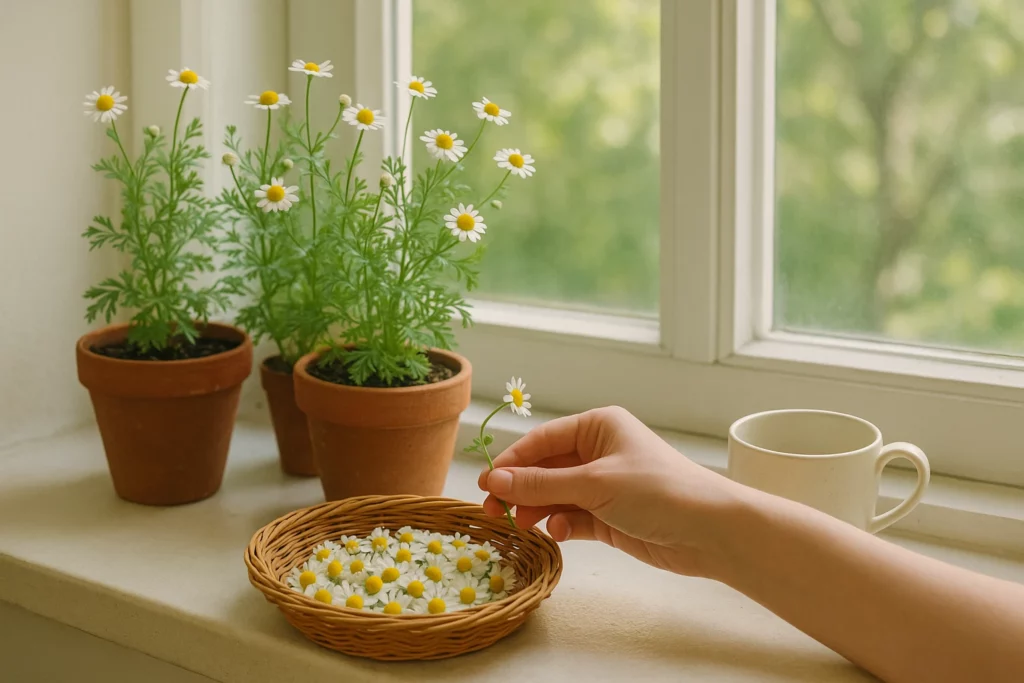 Handpicking a chamomile flower over a basket filled with blooms near potted plants