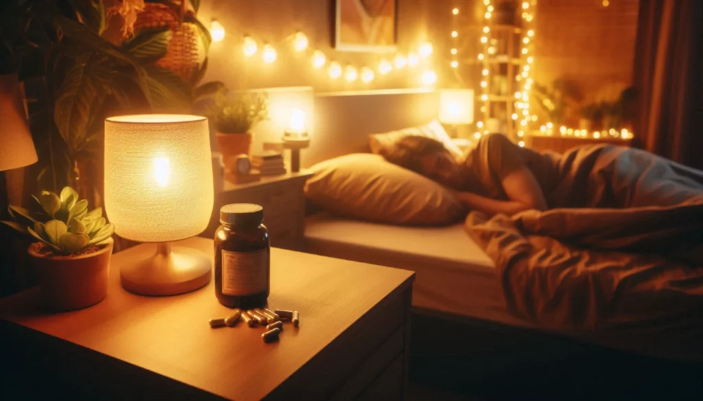 Warmly lit bedroom with a nightstand holding a glowing lamp and scattered kratom capsules. A person is sleeping in a bed.