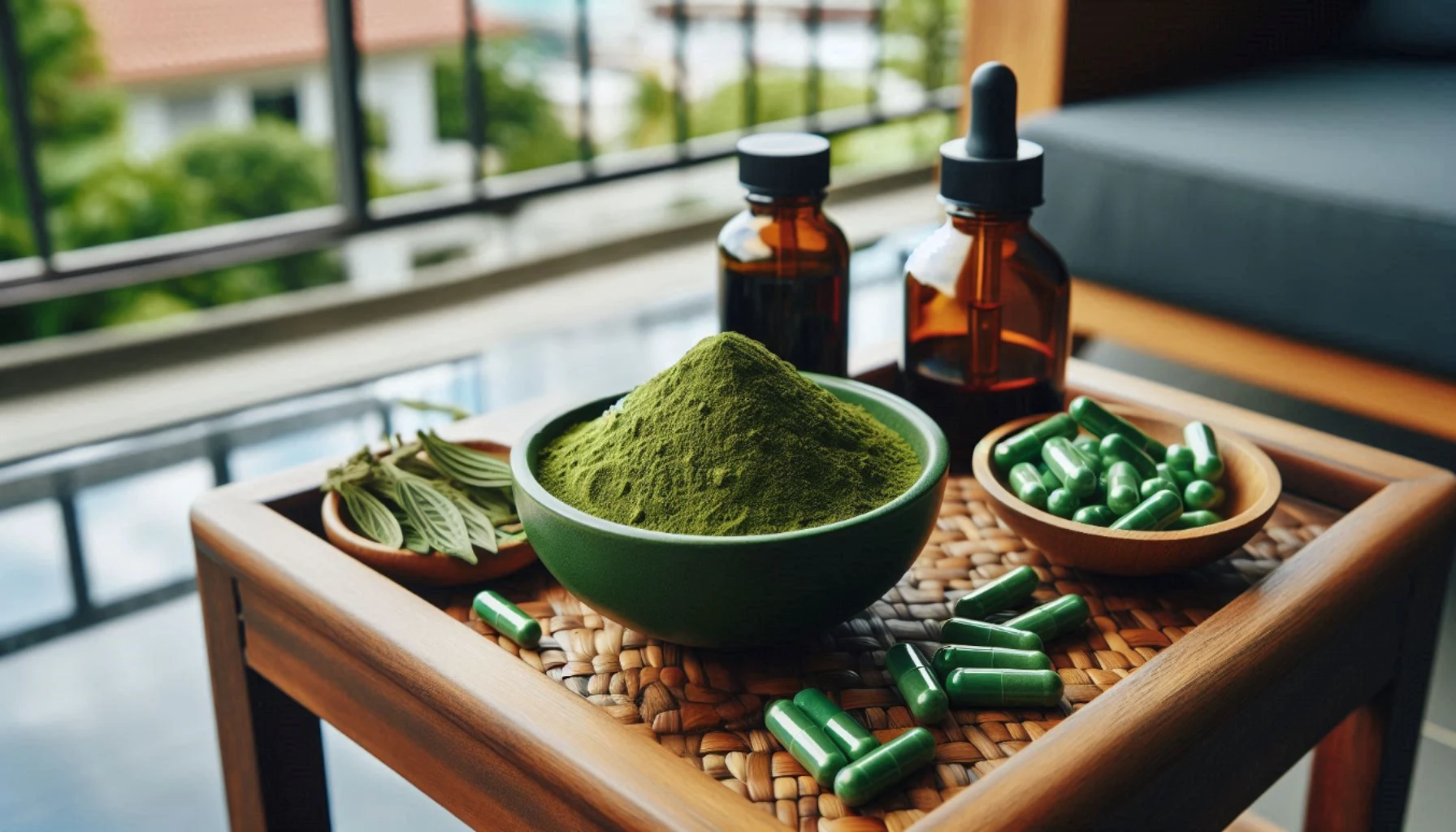 Bowl of green kratom powder with capsules and bottles on a wooden table, showcasing kratom use patterns