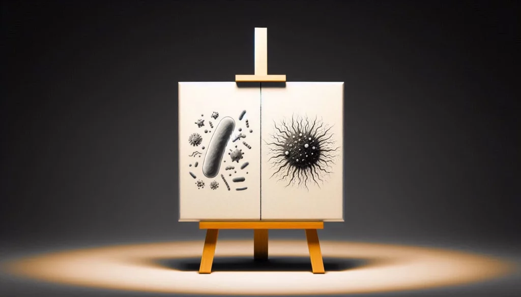 Artistic illustration of bacteria and pathogens displayed on a wooden easel against a dark background