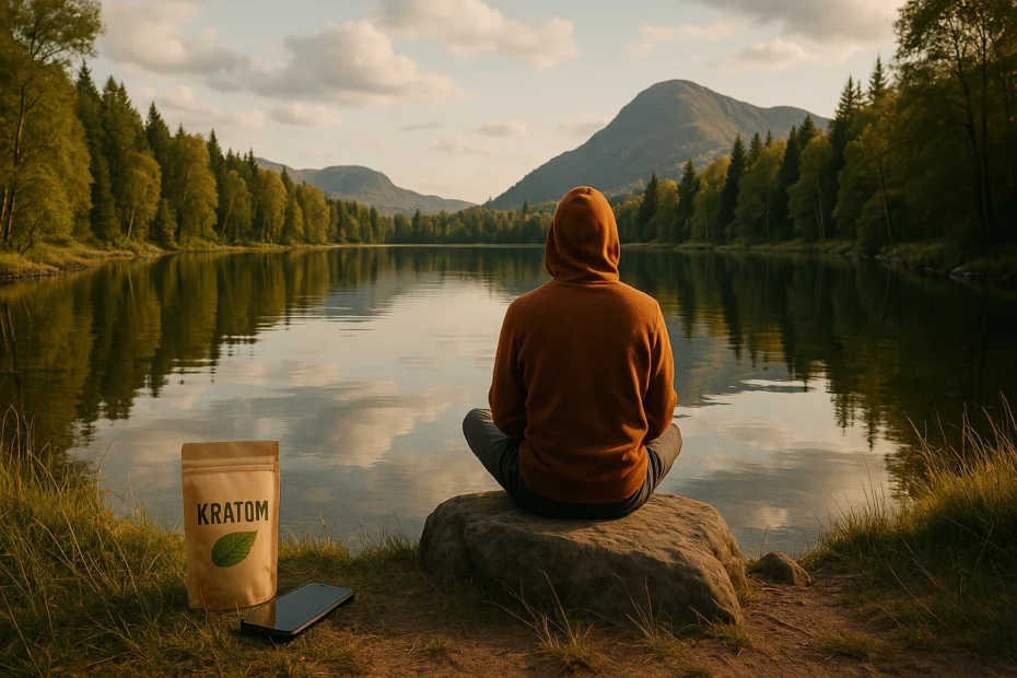 A digital detox with kratom featuring a person in a hoodie sitting on a rock by a lake, with a kratom pouch and smartphone behind them