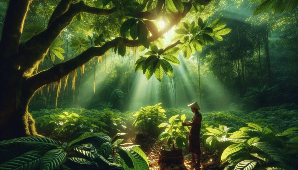 Farmer wearing a conical hat tending plants in a forest with sunlight streaming through trees.