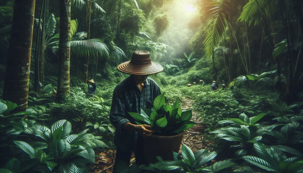 Farmer wearing a traditional hat harvesting kratom leaves in a lush jungle