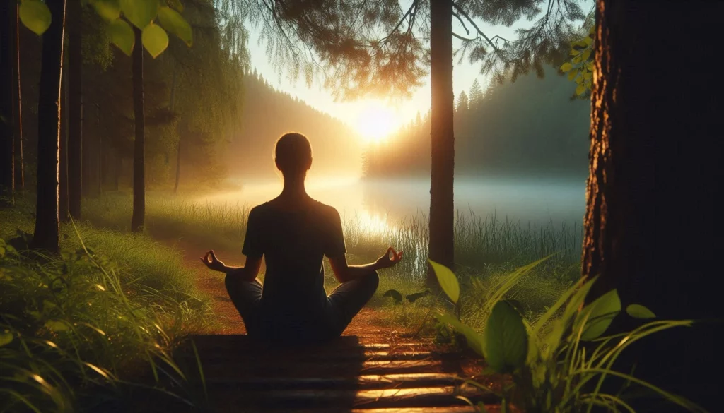 Silhouette of a person meditating in lotus pose by a tranquil lake, surrounded by trees at sunrise.