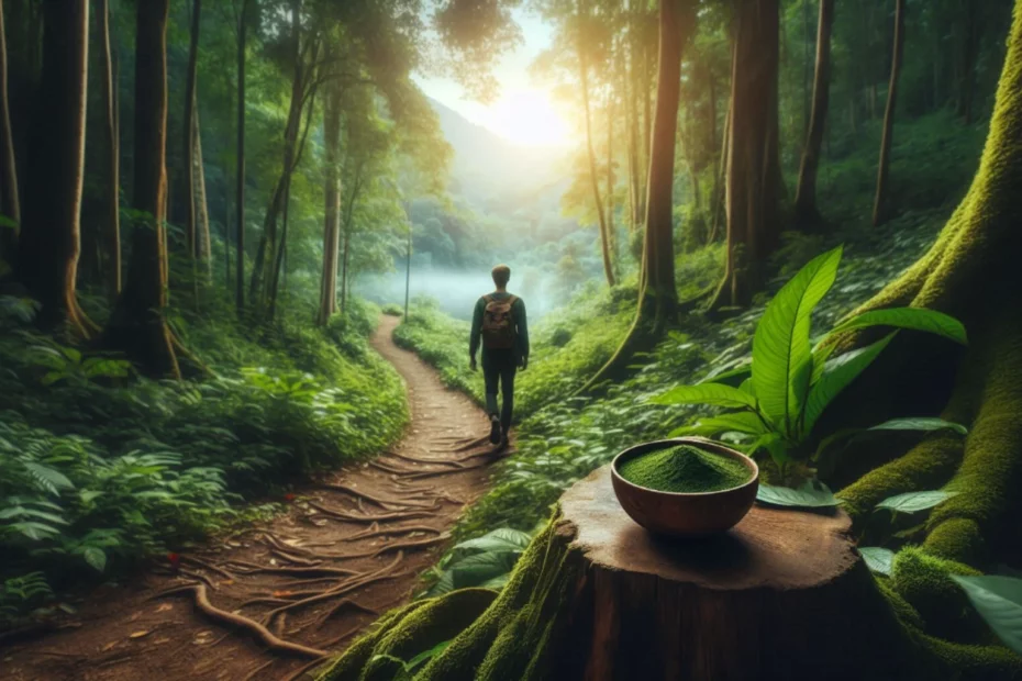 Kratom and adrenaline with a person calming themselves down with a hike along a forest trail. A bowl of kratom sits nearby.