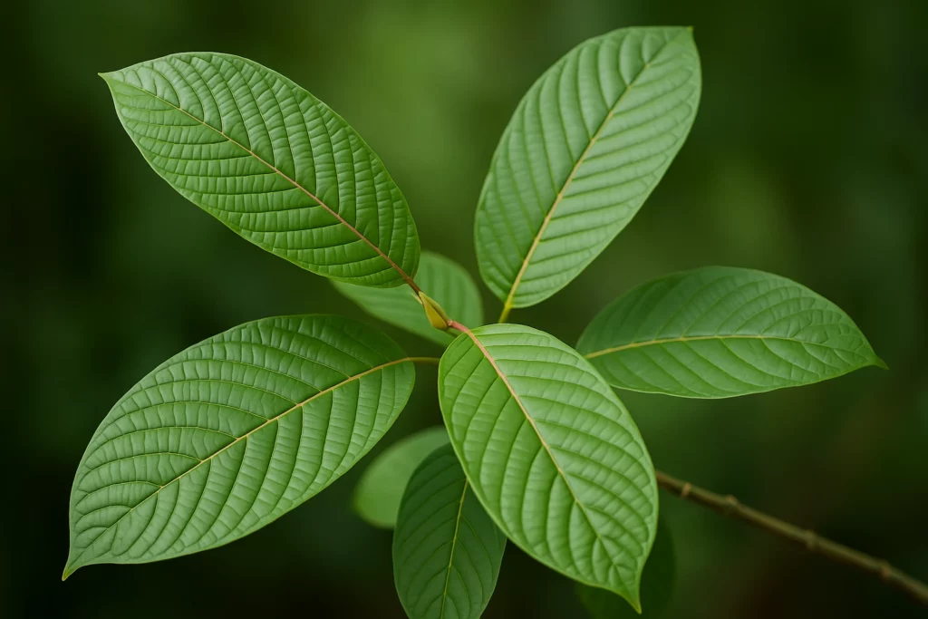 Close-up of vibrant kratom leaves with detailed veins against a blurred green background.