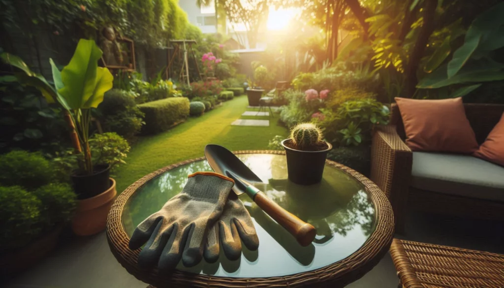 Outdoor patio table with gardening gloves, a trowel, and a small cactus, overlooking a lush garden at sunset.