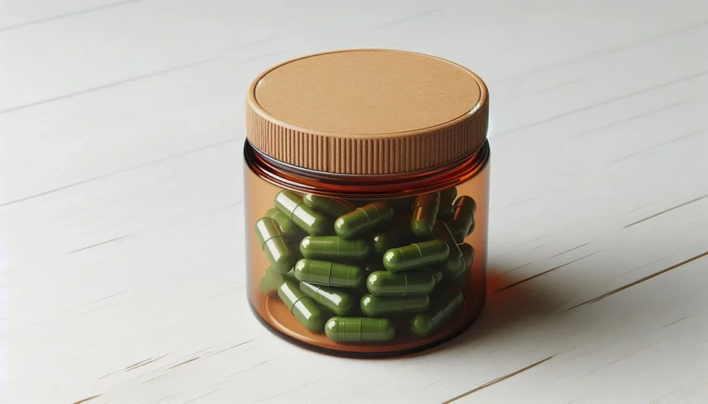 Amber glass container filled with green capsules on a light wooden table