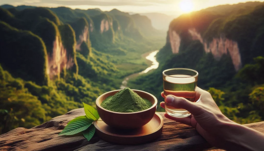 Hand holding a glass of water with a wooden bowl of green kratom powder and fresh leaf, against a mountain landscape