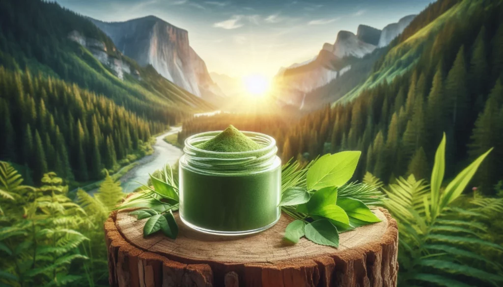 Glass jar filled with green kratom powder on a wooden stump, surrounded by lush leaves against a mountain landscape