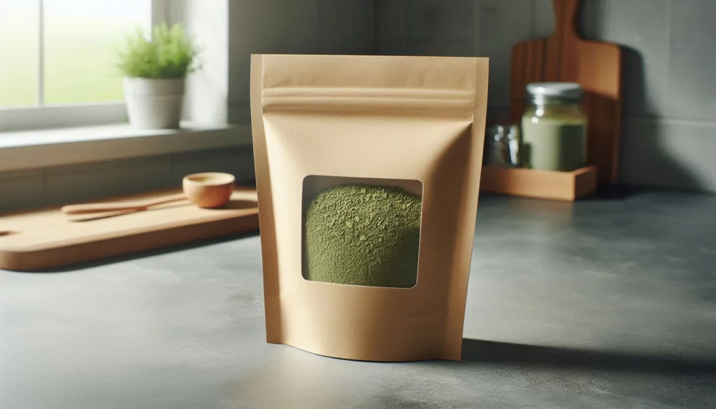 Kraft paper pack with a window displaying kratom powder, placed on a kitchen counter