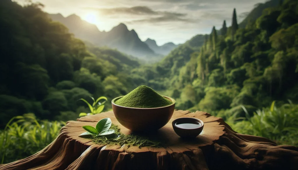 Green kratom powder in a wooden bowl with a small cup, set against a lush mountainous landscape