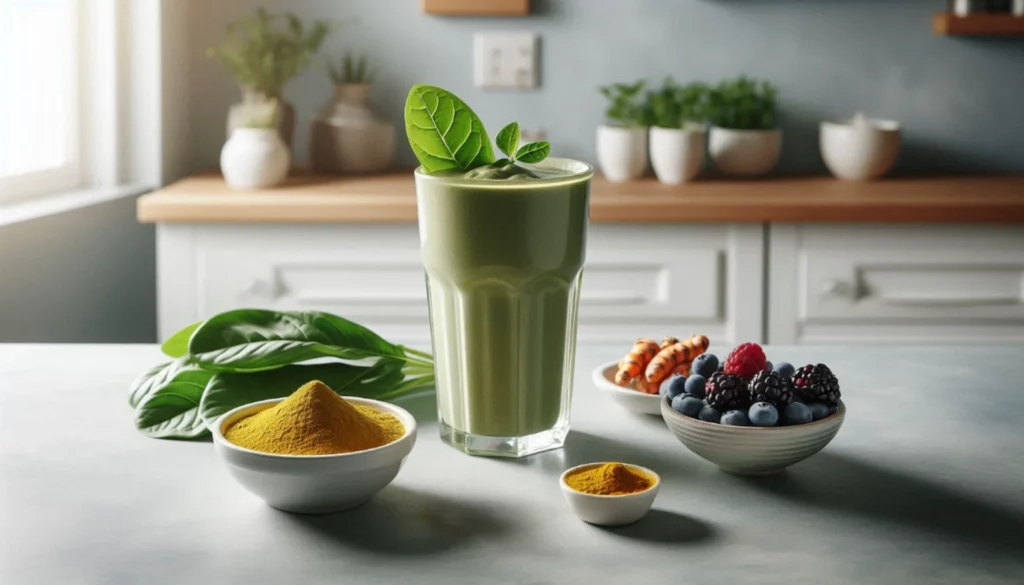 Green smoothie garnished with spinach leaf, surrounded by turmeric powder, fresh spinach leaves, and a bowl of mixed berries on a kitchen counter.
