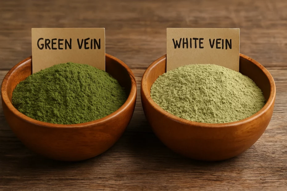 Green vein vs white vein kratom with two wooden bowls filled with powder and matching description labels.