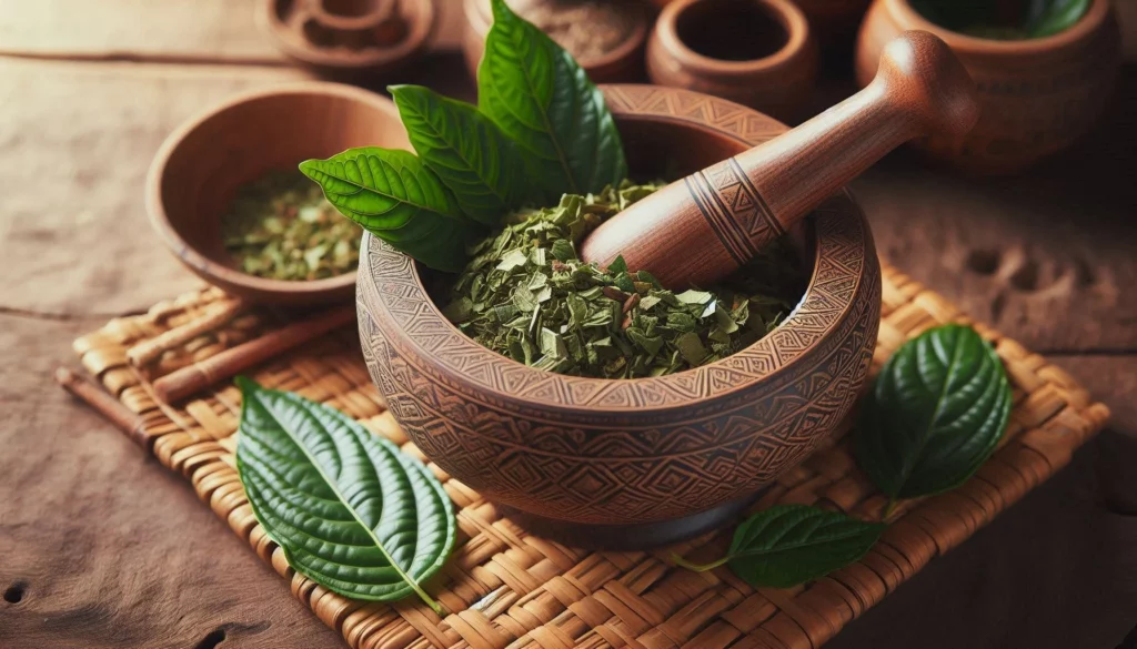 Wooden mortar and pestle with crushed kratom leaves, surrounded by fresh leaves on a woven mat