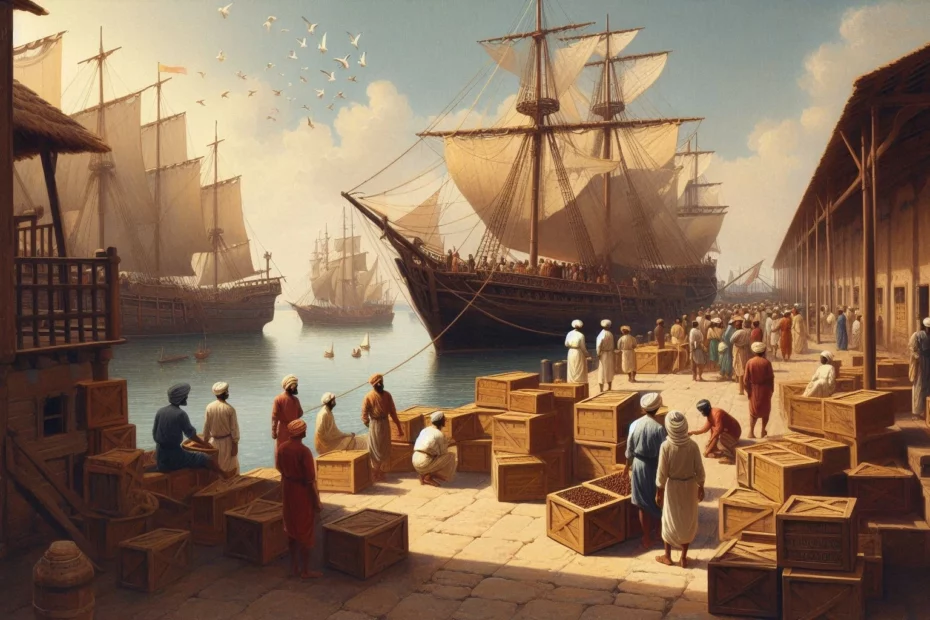 Ancient plant medicine trade with a port with tall ships unloading cargo, surrounded by workers handling wooden crates