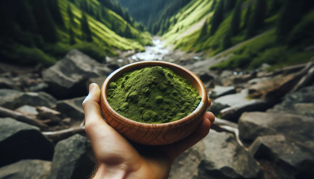 Hand holding a wooden bowl filled with kratom, set against a scenic mountain valley with rocks and a river