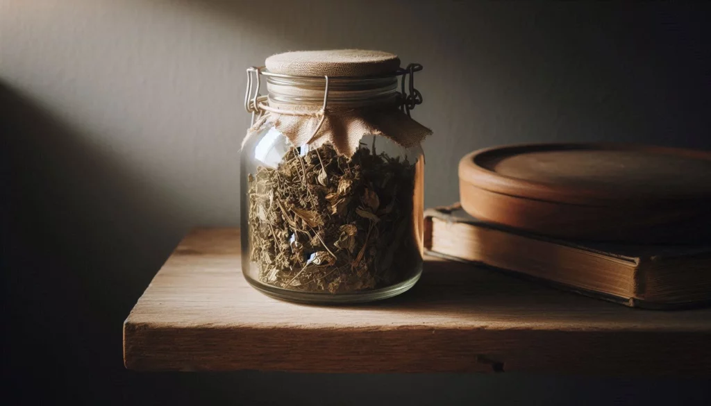 Glass jar filled with dried herbs, sealed with a cloth lid, placed on a wooden shelf beside old books