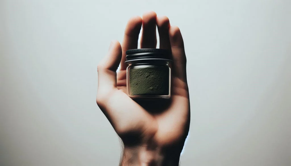 Hand holding a small glass jar filled with green kratom powder, set against a plain background
