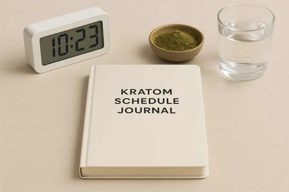 A journal beside a clock, bowl of kratom powder and glass of water highlighting different kratom dosing intervals.