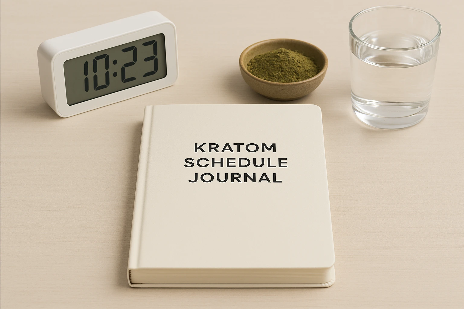 A journal beside a clock, bowl of kratom powder and glass of water highlighting different kratom dosing intervals.