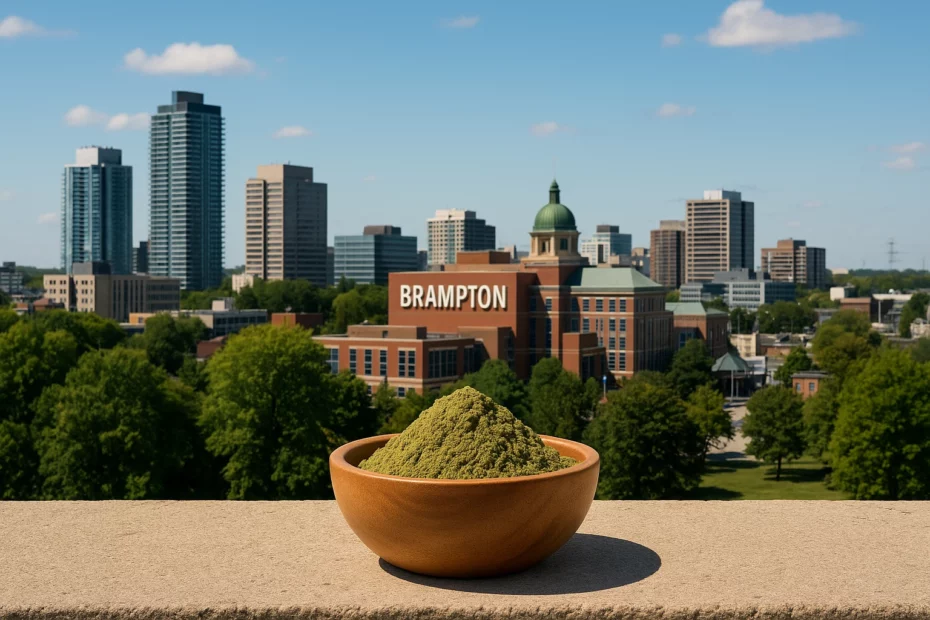 Where to buy kratom in Brampton with a bowl of kratom alongside Brampton's city skyline