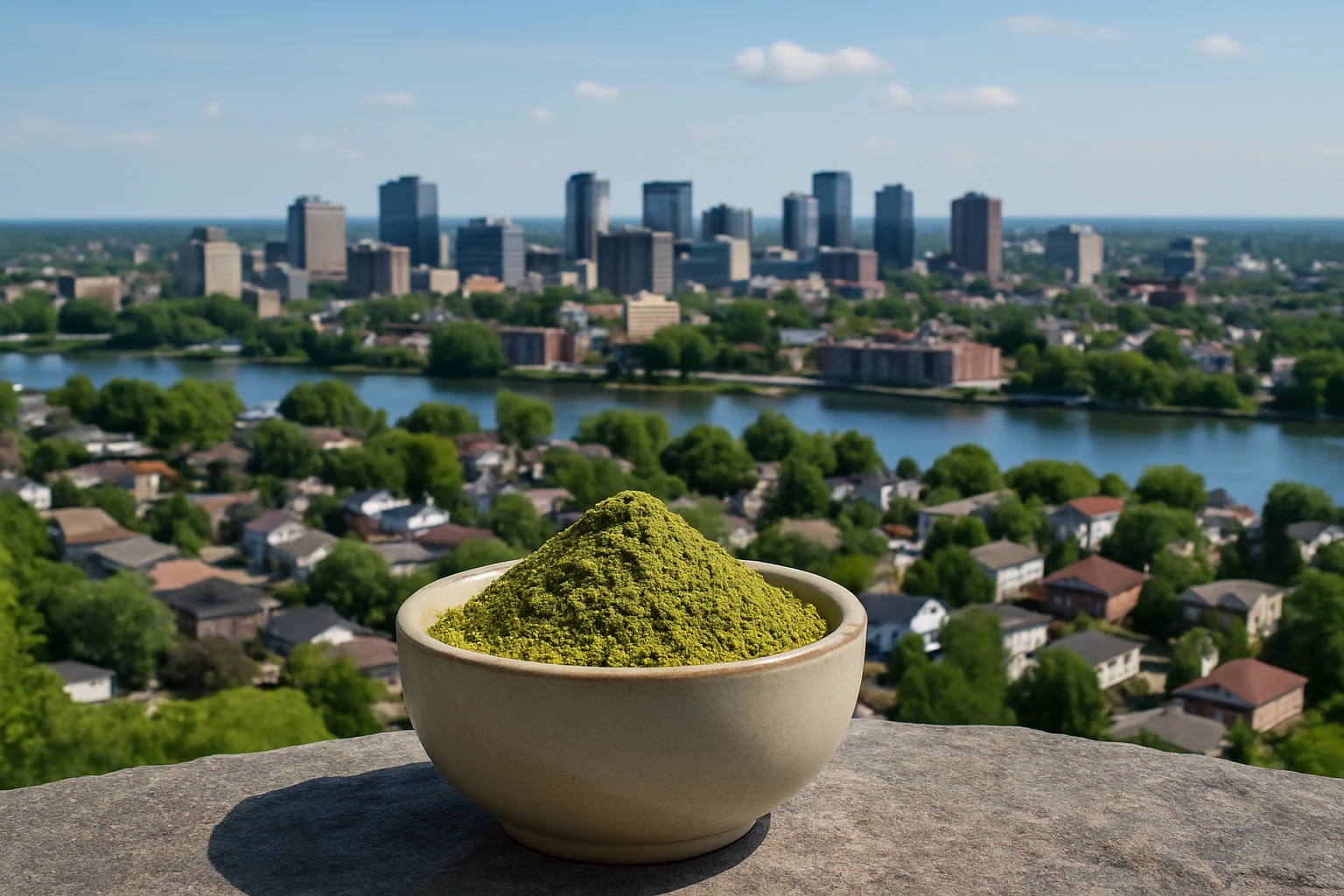 Buy kratom in Laval with a bowl of kratom on a rock with a scenic view of the city's skyline