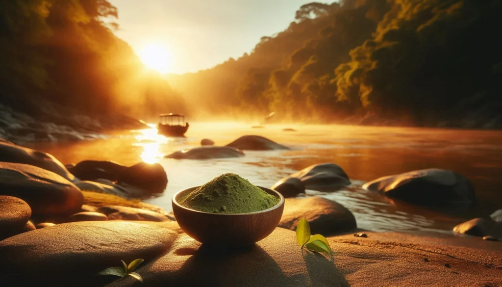 Wooden bowl filled with green kratom powder on riverbank, surrounded by rocks and leaves, with a boat in the misty water