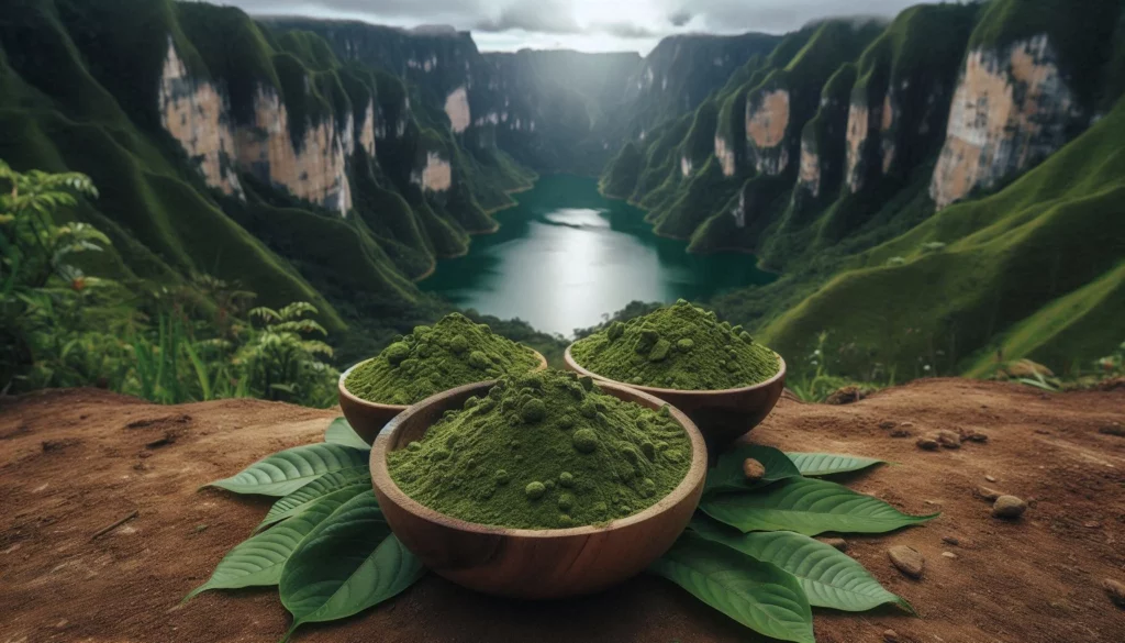 Three wooden bowls filled with green kratom powder against a scenic mountain lake backdrop