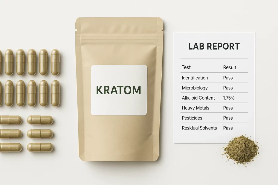 Kratom capsules with a labelled packet and lab report showing test results, symbolizing the importance of kratom capsule quality.