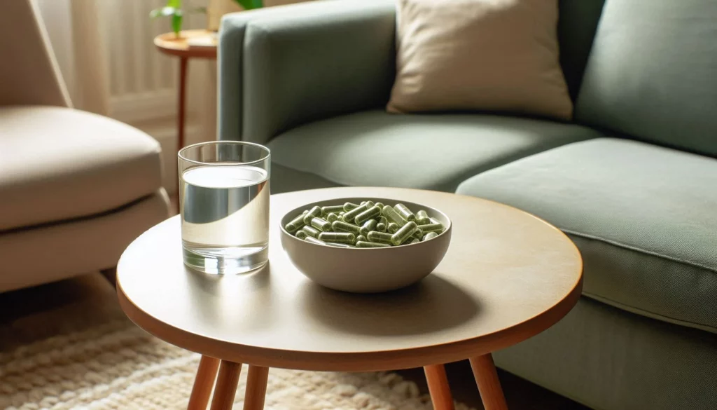 A bowl of kratom capsules next to a glass of water on a wooden coffee table, with a sofa in the background.