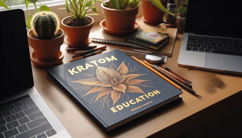 Open workspace featuring a kratom education book with laptops and potted plants