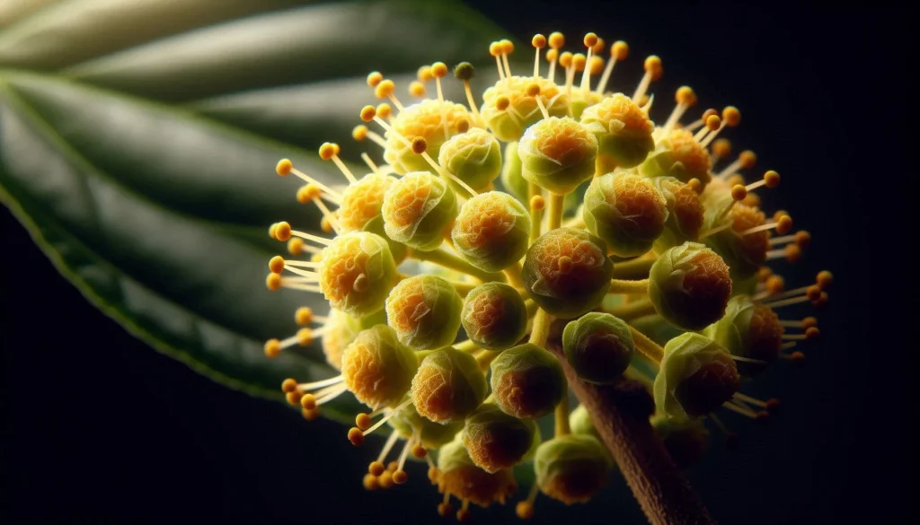 Closeup of a kratom flower bud with yellow-green buds and delicate stamens against a dark background.