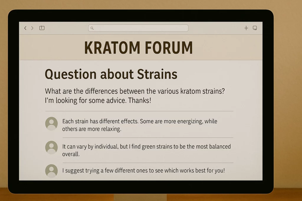 Online kratom forum page displaying a question about strain differences with user responses