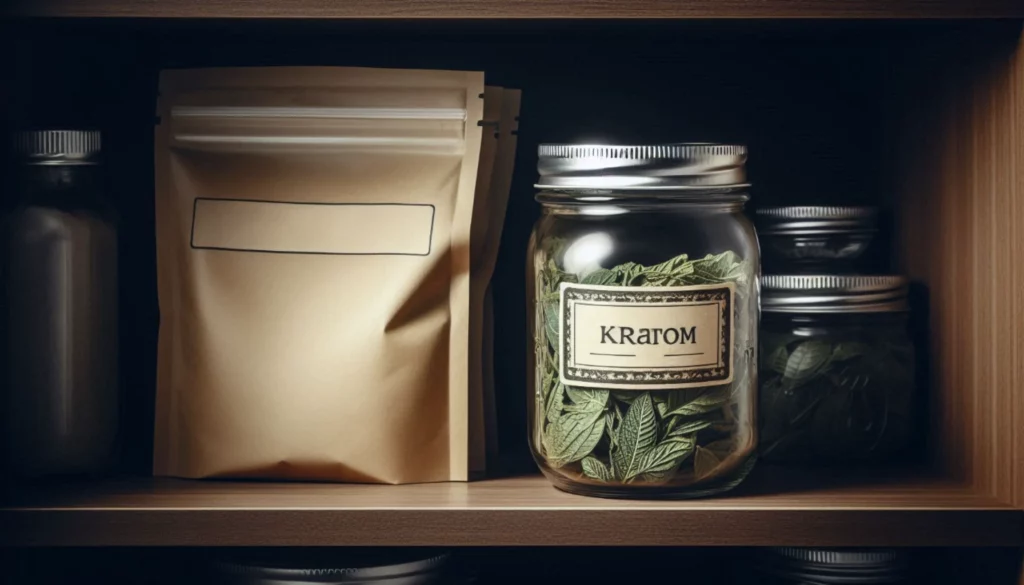 Glass jar labelled "Kratom" with dried leaves next to a brown pouch on a wooden shelf.