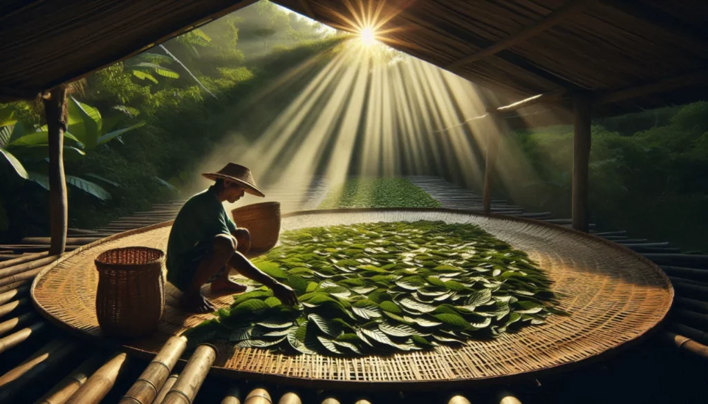 Person arranging green kratom leaves on a large bamboo mat under a shelter with sunlight streaming in