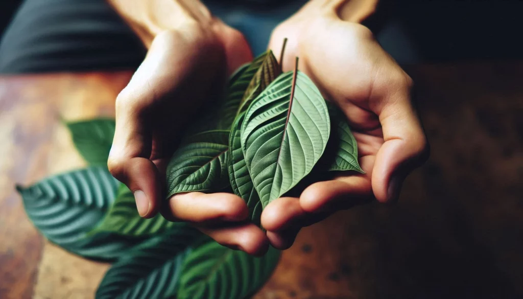 Close-up of green kratom leaves held gently in a person's hands.