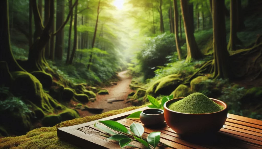 A wooden tray with a bowl of green kratom powder, fresh leaves, and a small cup set against a misty forest trial.