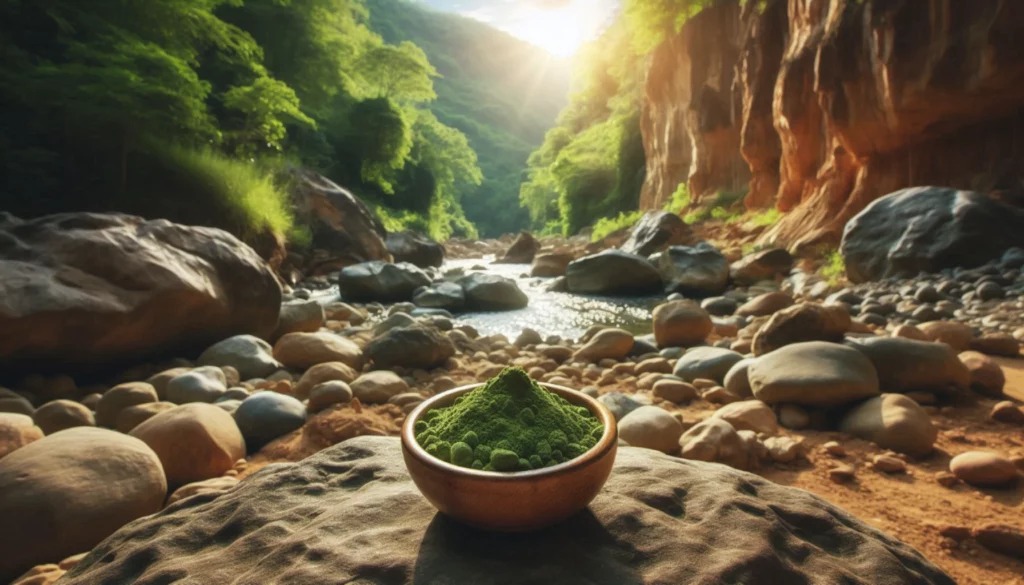 Wooden bowl filled with green kratom powder placed on a rock beside a flowing river in a lush valley.
