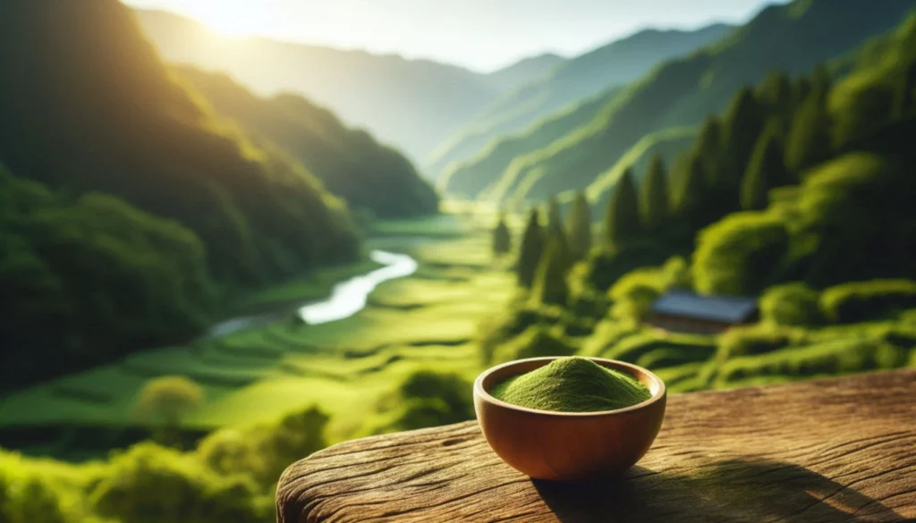Wooden bowl filled with green kratom powder against a scenic mountain landscape.