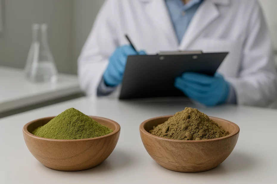 A scientist taking notes of kratom contaminants by two bowls of kratom powder.