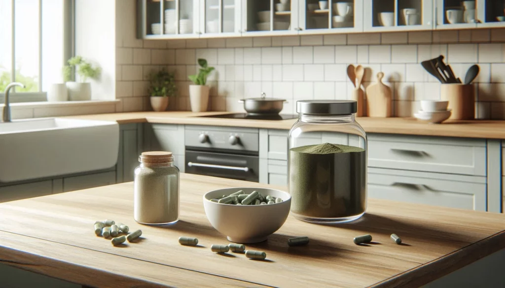 Green kratom powder in a glass jar and capsules scattered on a wooden kitchen table, with a sink and cabinets in the background