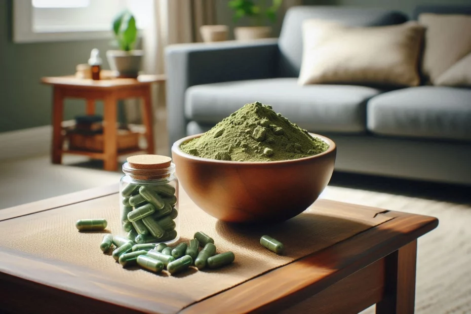 Natural stimulants on display with a bowl of kratom powder beside a glass jar of capsules on a table, in a living room